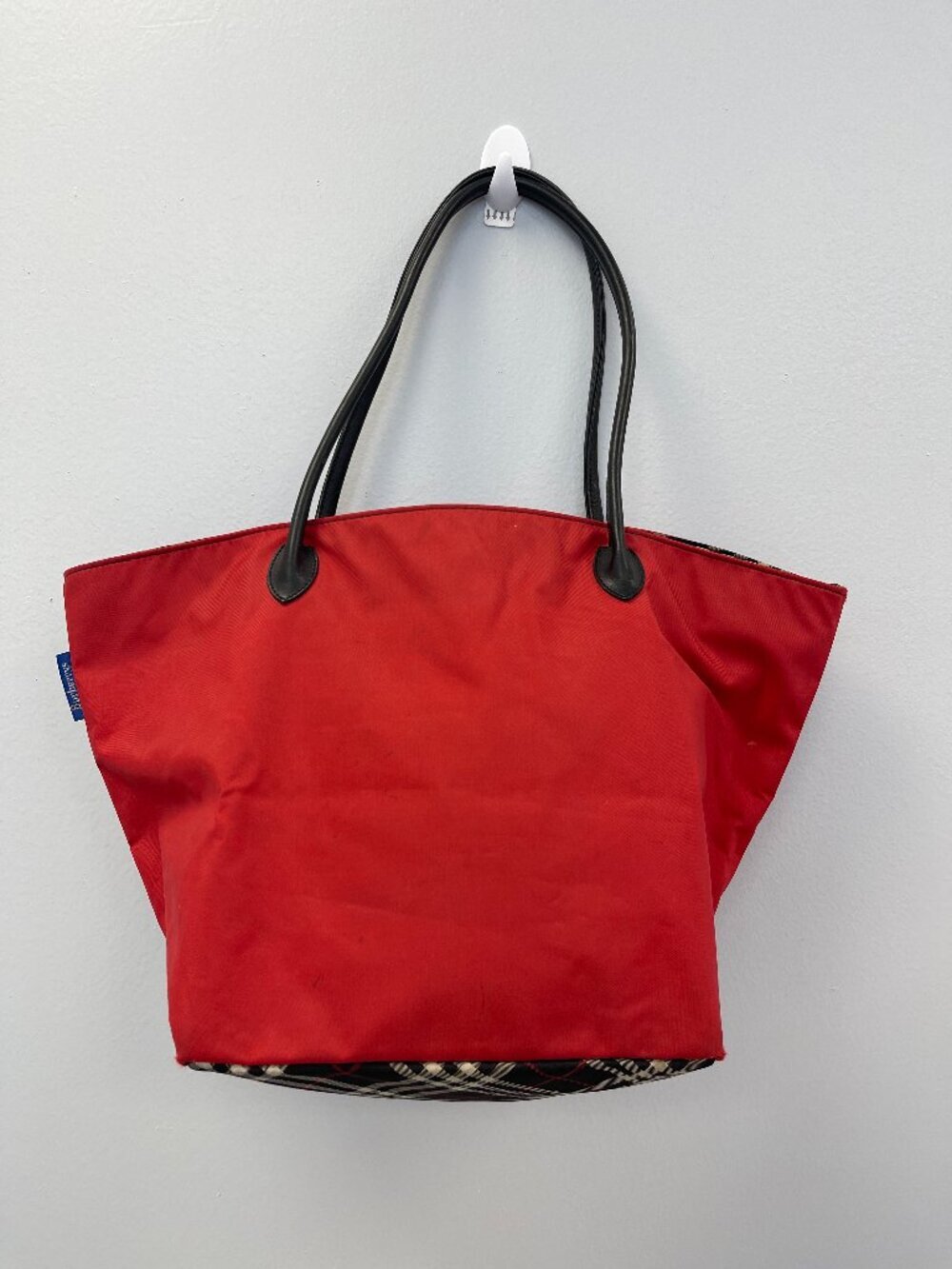 Burberrys Vintage Blue Label Red Nylon Tote Bag w/ Nova Check Accents- Preowned